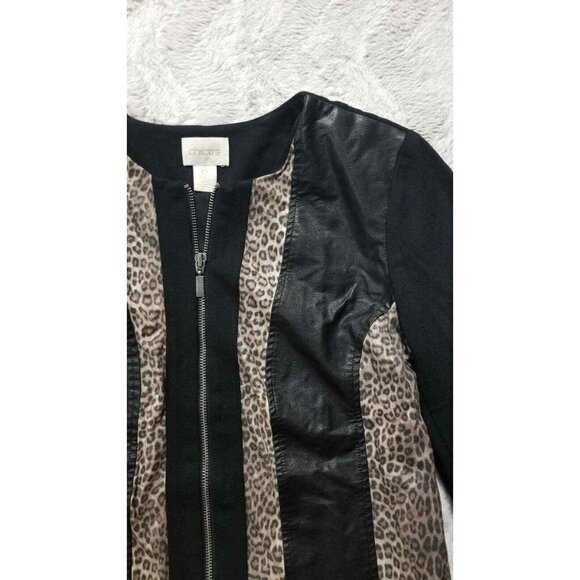 ✨️CL Chico's Cheetah Print Faux Black Leather Full Zip Jacket Size Chico's 0 - Picture 3 of 9